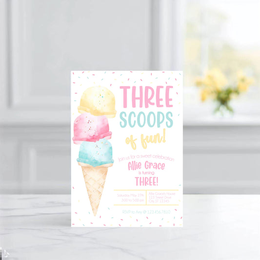 Customizable Birthday Invitation - Three Scoops of Fun - Third Birthday Party Ice Cream Theme