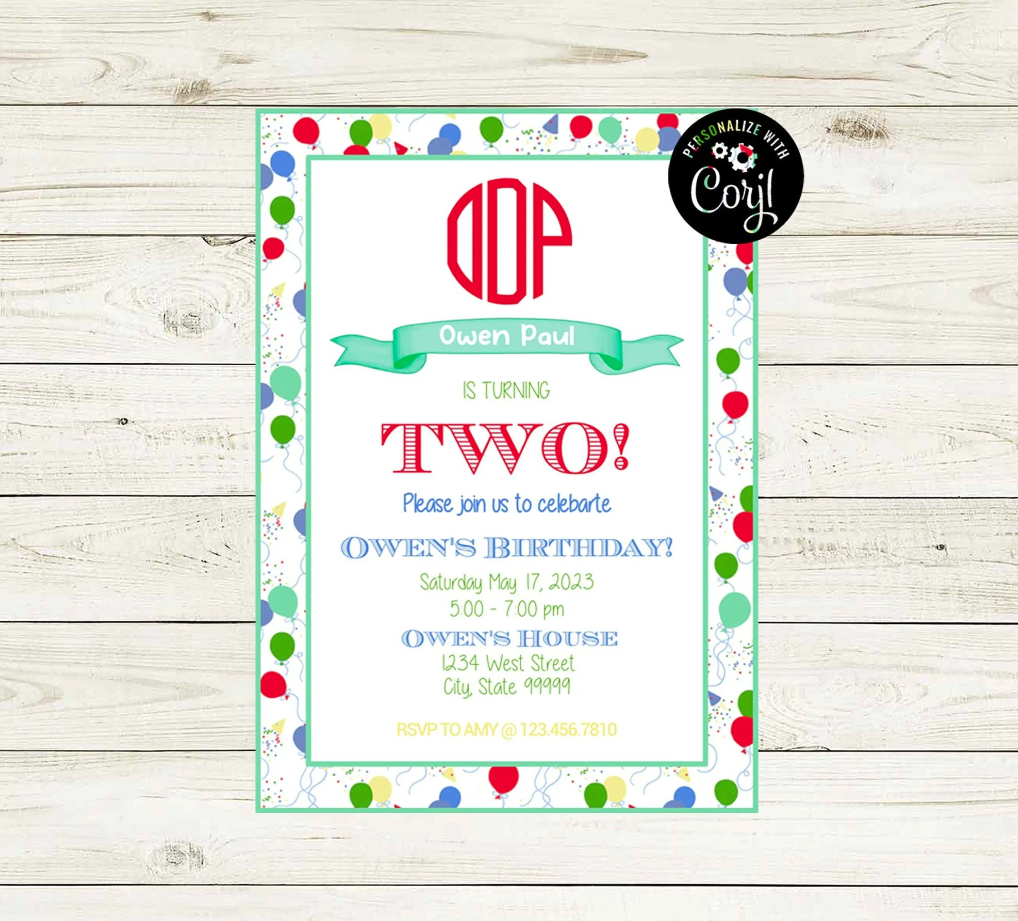 Birthday Invitations - Preppy Blue Party Balloon Theme