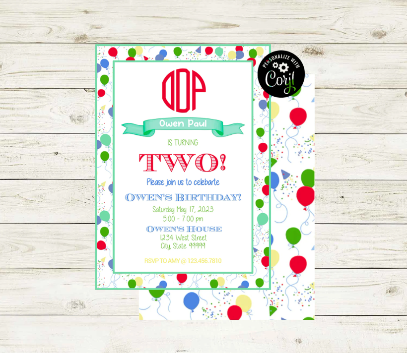 Birthday Invitations - Preppy Blue Party Balloon Theme