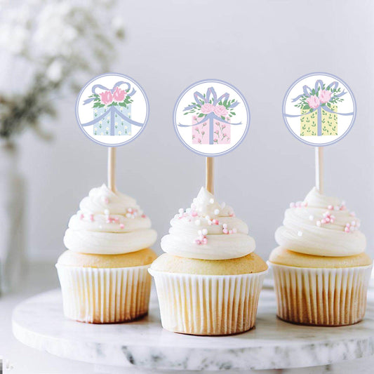 Customizable Floral Gift Cupcake Toppers - Striped Stationary