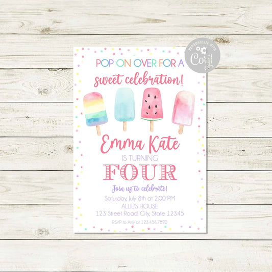 Customizable Birthday Invitation - Pop on Over Popsicle Theme