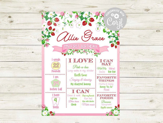 Milestone Poster - First Birthday Milestones - Strawberry Gardens Theme