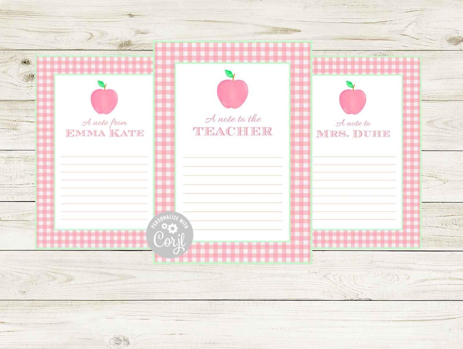 Apple 5x7 'Note to Teacher' Stationery - Pink - Striped Stationary