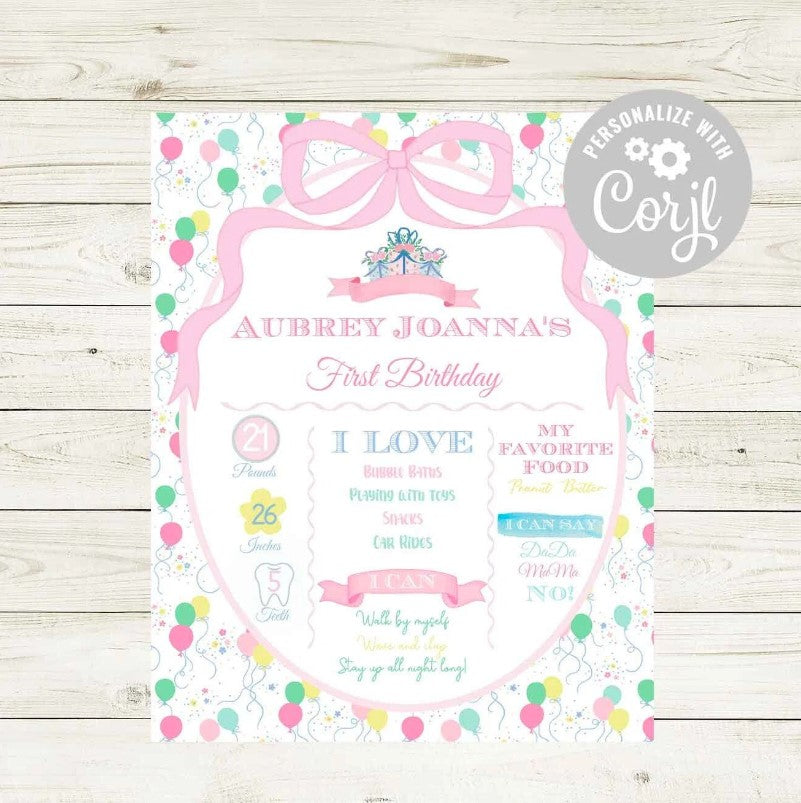 Milestone Poster - First Birthday Milestone Sign - Preppy Pink Party Balloons