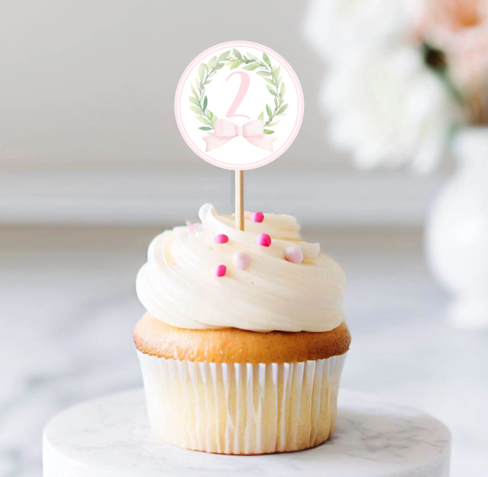 Customizable Cupcake Toppers - Pink Bow Monogram