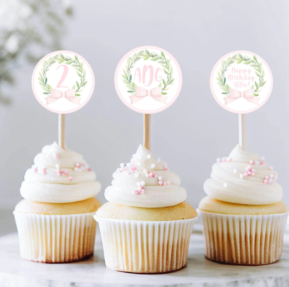 Customizable Cupcake Toppers - Pink Bow Monogram