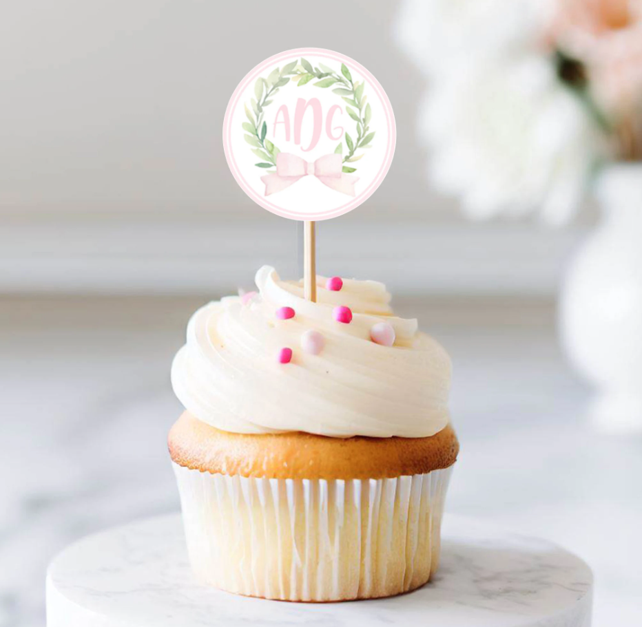 Customizable Cupcake Toppers - Pink Bow Monogram