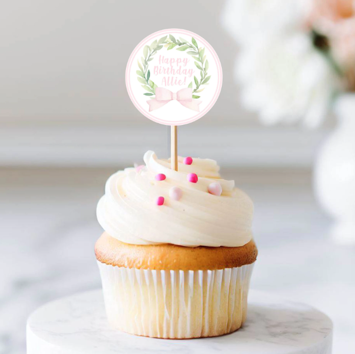 Customizable Cupcake Toppers - Pink Bow Monogram