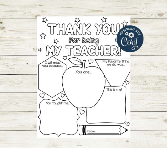 Teacher Appreciation Coloring Page - Thank You For Being My Teacher Customizable Template