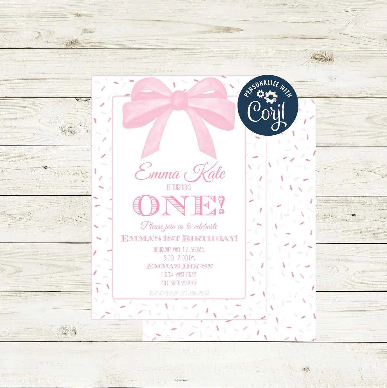 Pink Sprinkles and Bows Birthday Invitation - Striped Stationary