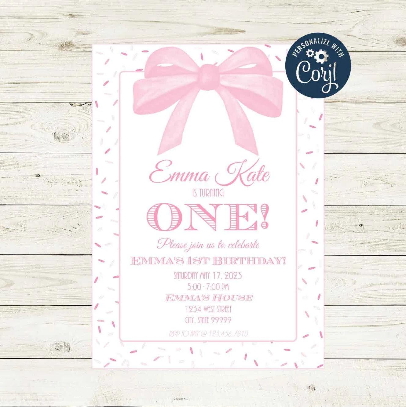 Pink Sprinkles and Bows Birthday Invitation - Striped Stationary