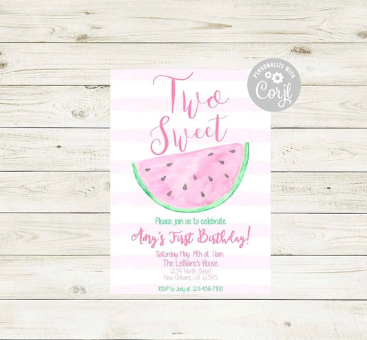 Customizable Birthday Invitation - Two Sweet Watermelon Second Birthday Party