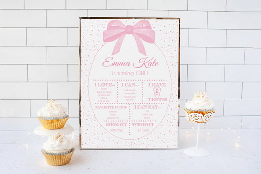 Milestone Poster - First Birthday Milestones - Pink Sprinkles and Bows Theme