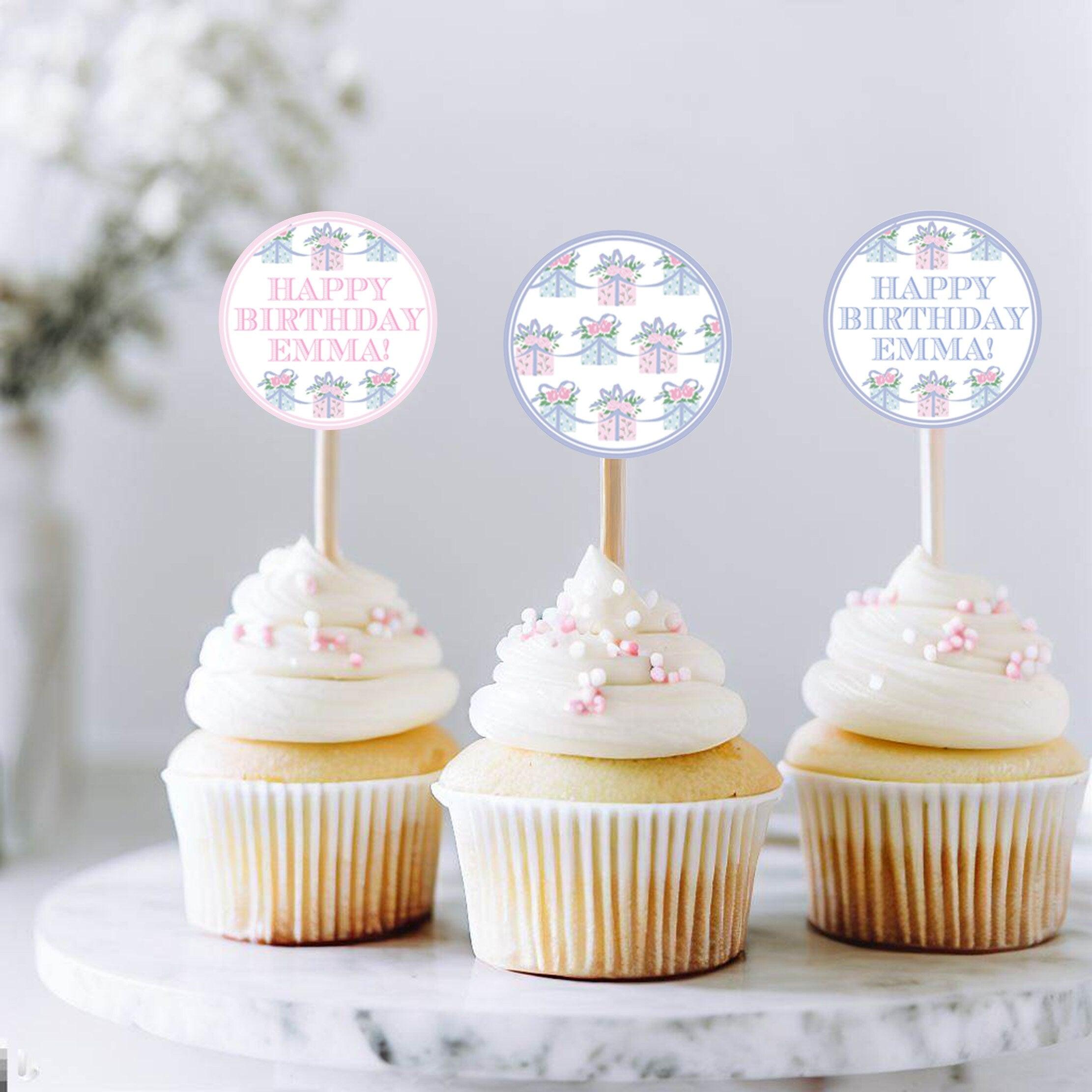 Customizable Floral Gift Cupcake Toppers - Striped Stationary