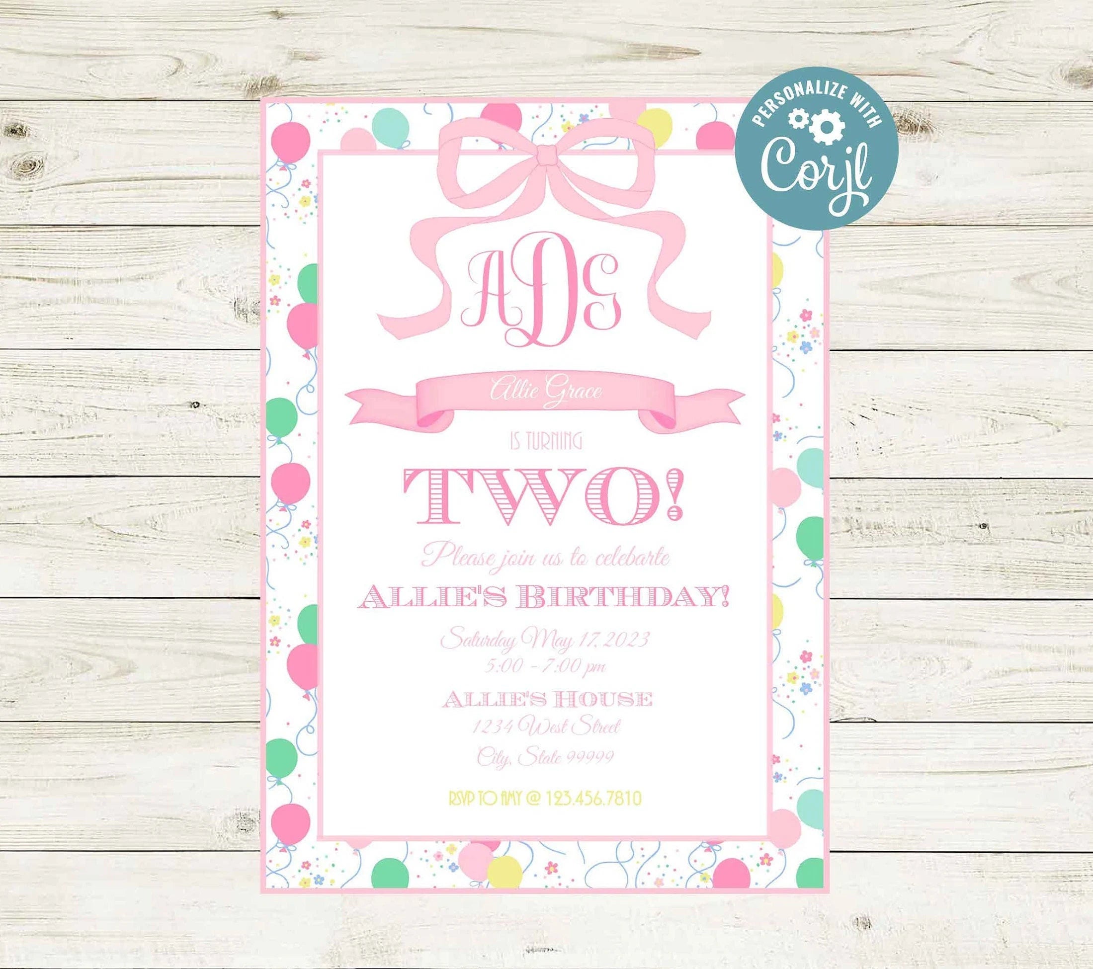 Birthday Invitations - Preppy Pink Party Balloon Theme - Striped Stationary