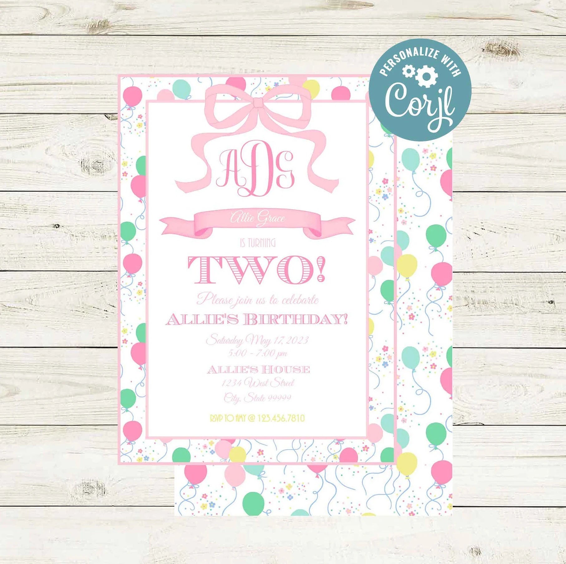 Birthday Invitations - Preppy Pink Party Balloon Theme - Striped Stationary