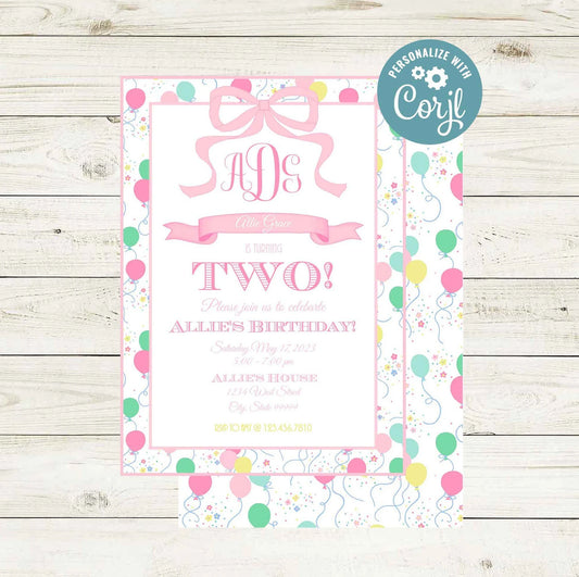 Birthday Invitations - Preppy Pink Party Balloon Theme - Striped Stationary