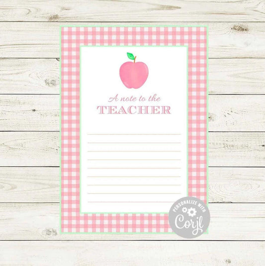 Apple 5x7 'Note to Teacher' Stationery - Pink - Striped Stationary