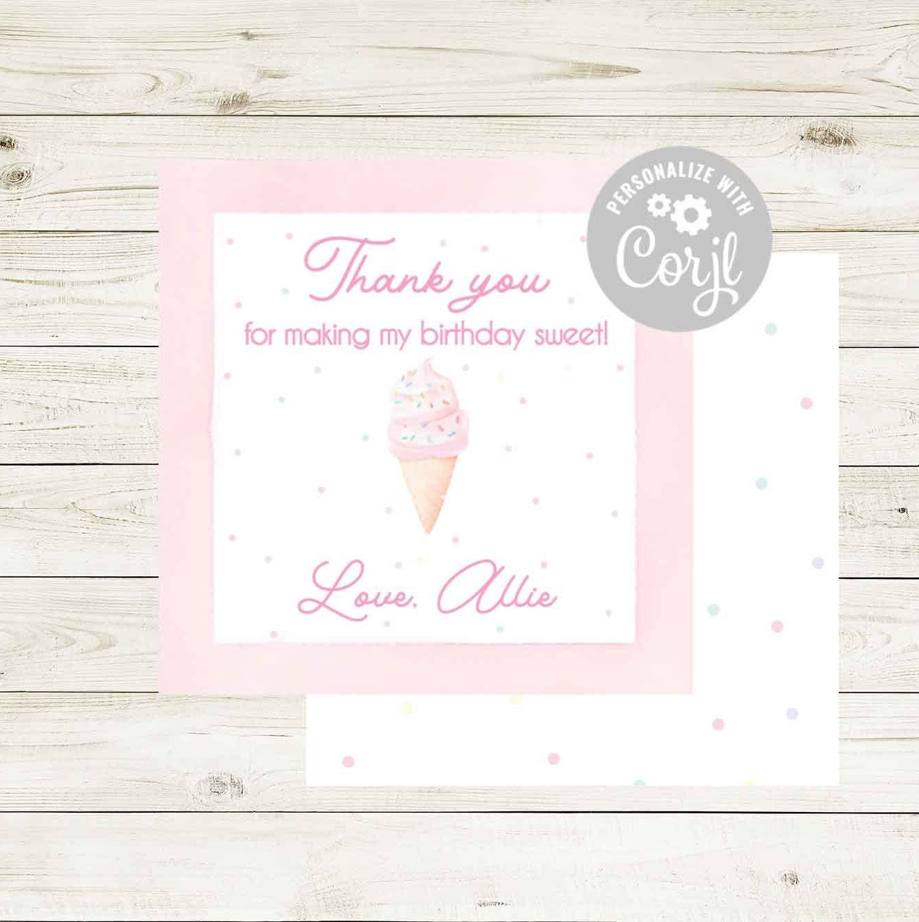 Birthday Thank You Tags - Pink Ice Cream Cone | Two Sweet Theme