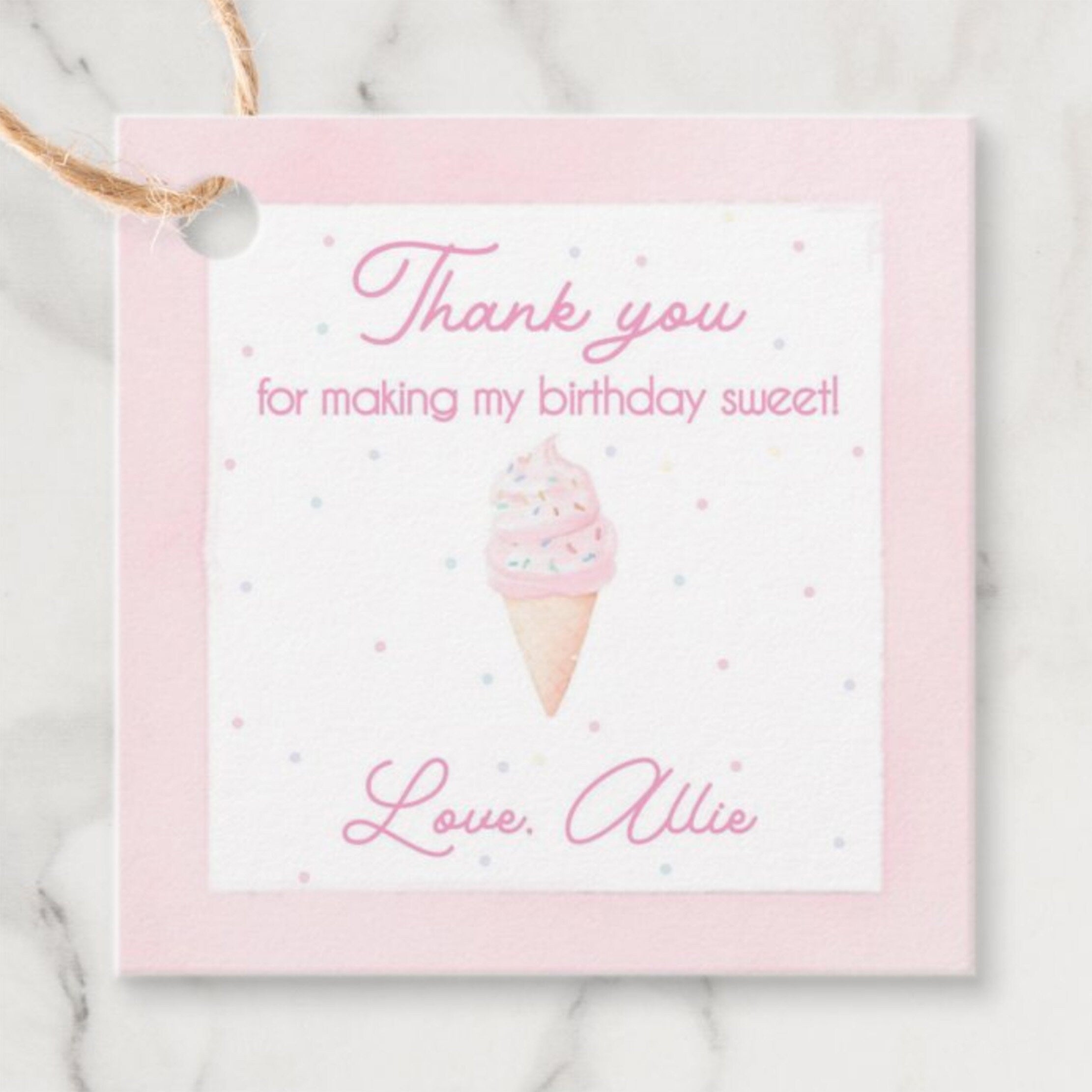 Birthday Thank You Tags - Pink Ice Cream Cone | Two Sweet Theme