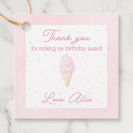 Birthday Thank You Tags - Pink Ice Cream Cone | Two Sweet Theme