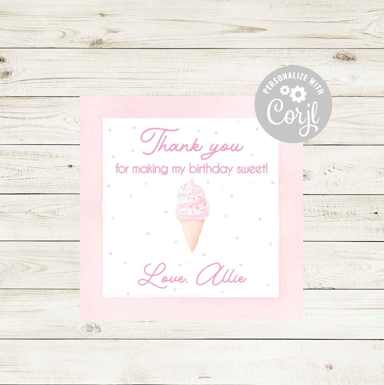 Birthday Thank You Tags - Pink Ice Cream Cone | Two Sweet Theme