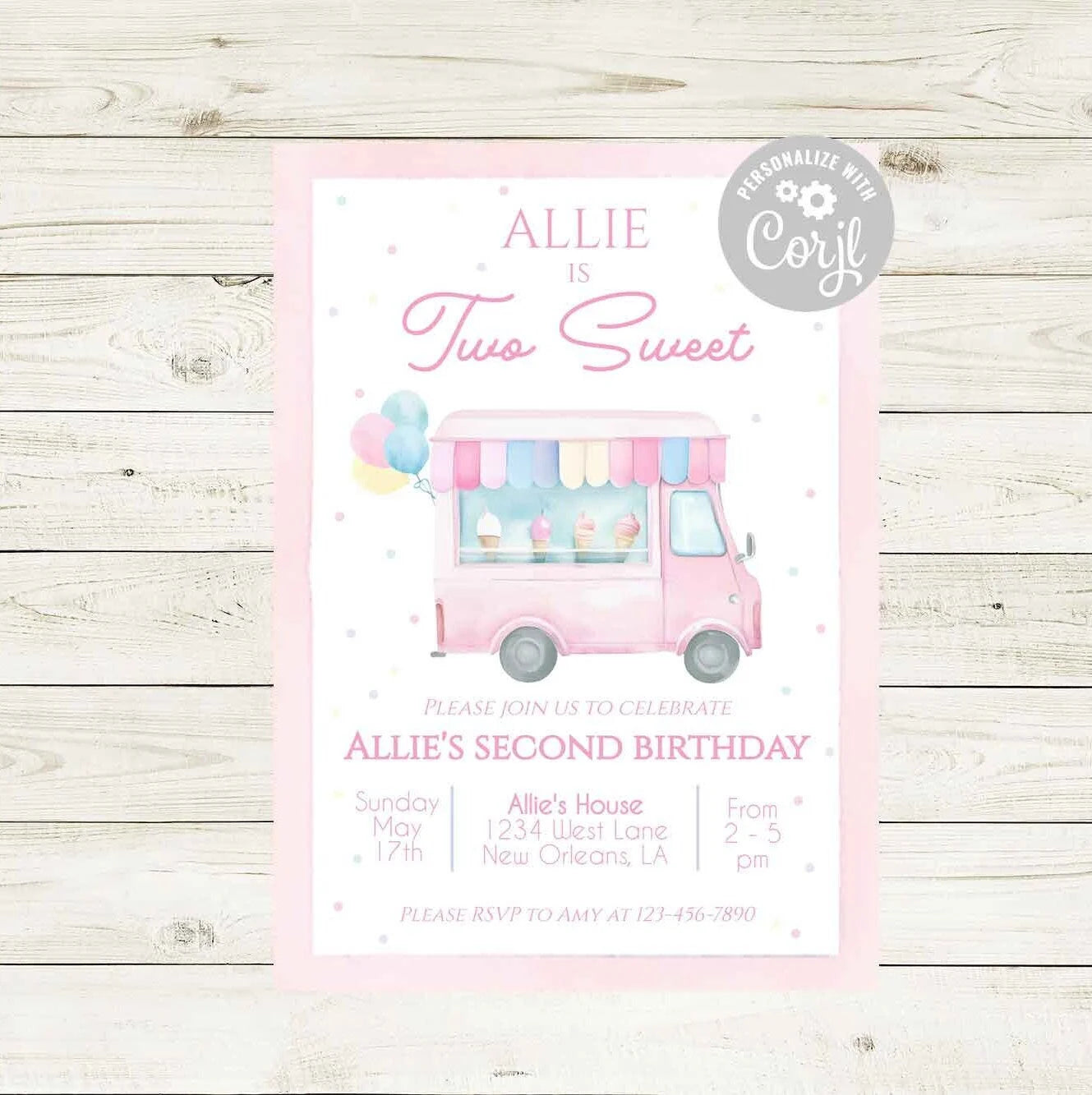 Birthday Invitation - Two Sweet Ice Cream Truck - Striped Stationary