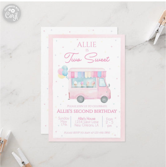 Birthday Invitation - Two Sweet Ice Cream Truck Theme - Striped Stationary