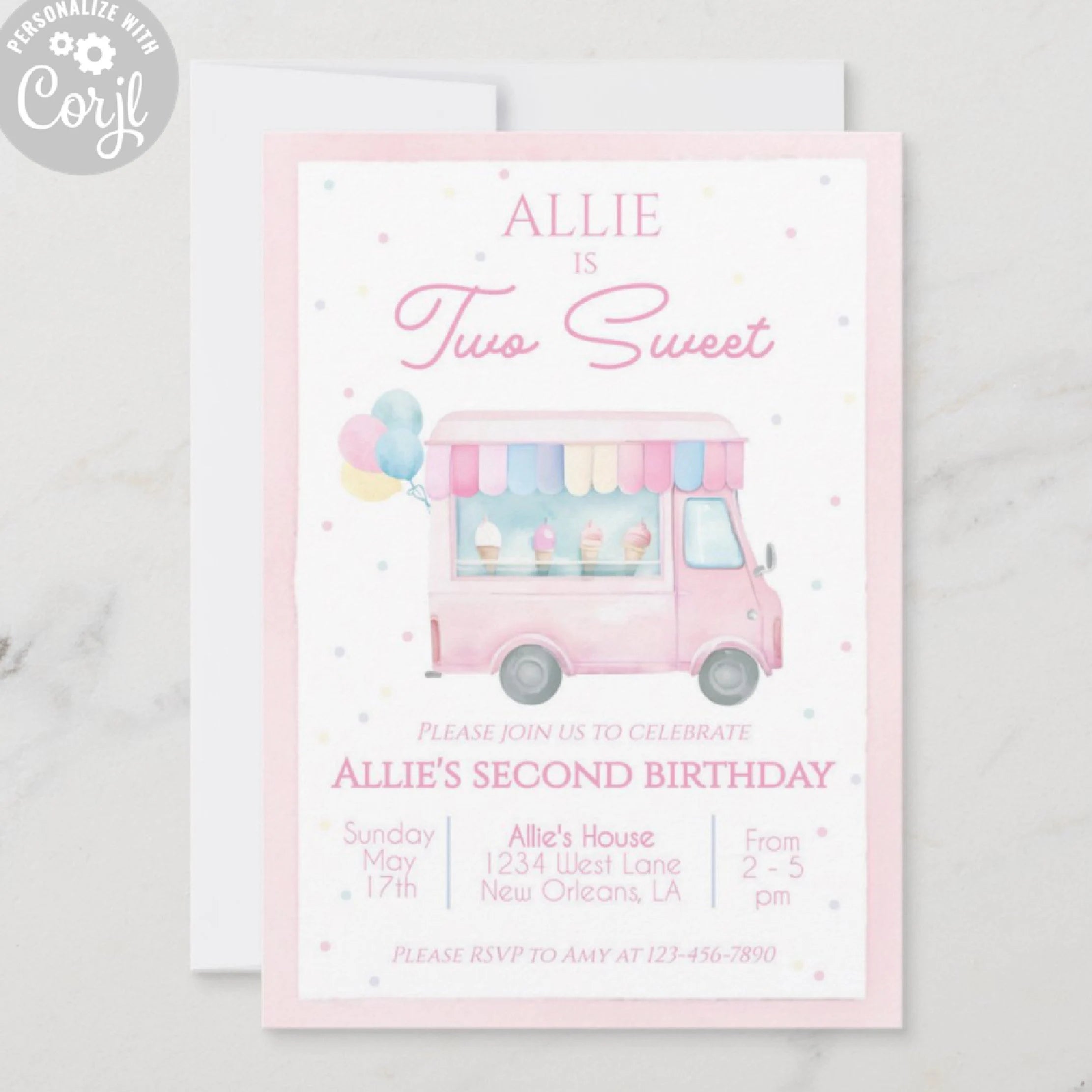 Birthday Invitation - Two Sweet Ice Cream Truck - Striped Stationary