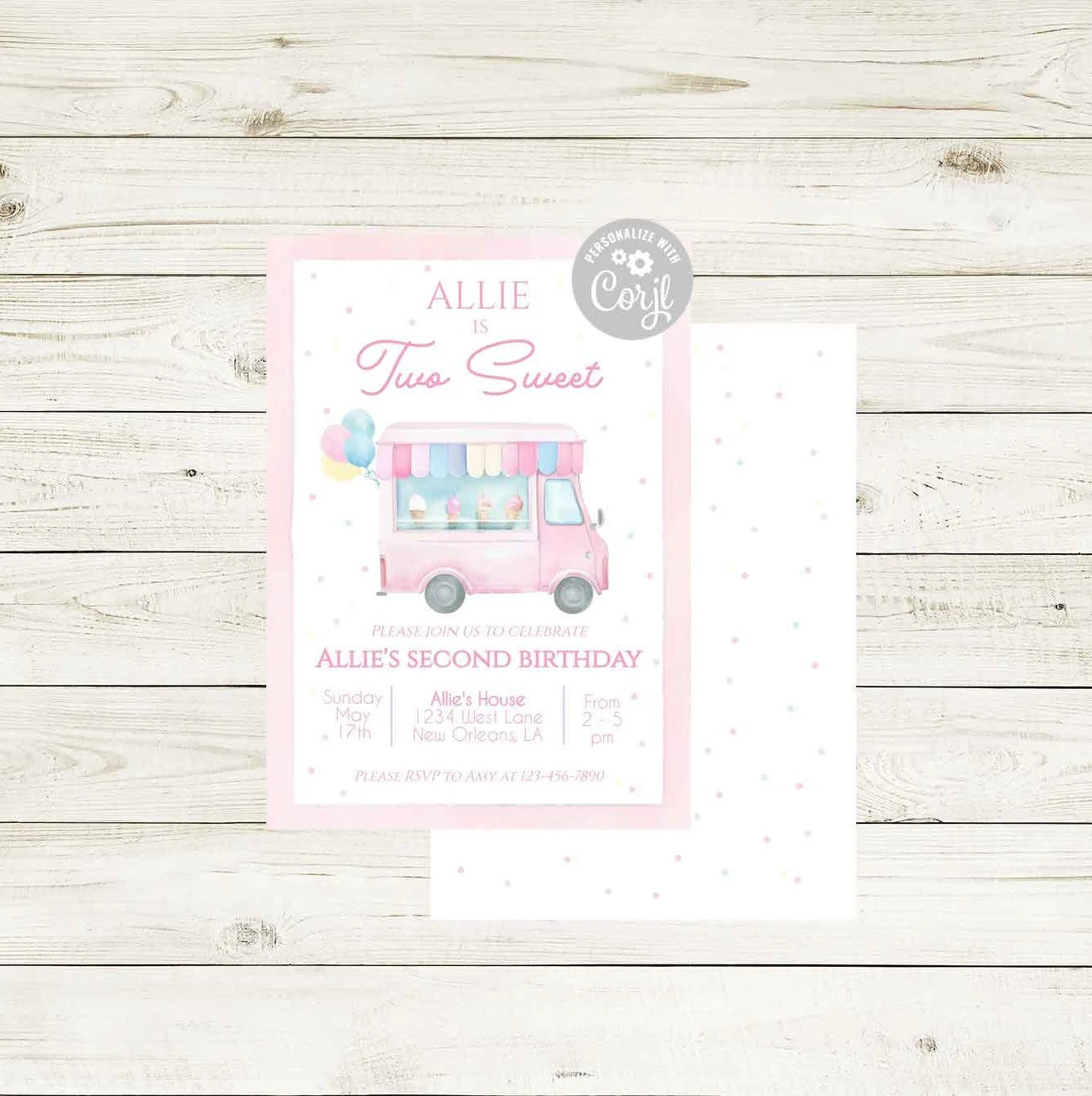 Birthday Invitation - Two Sweet Ice Cream Truck - Striped Stationary