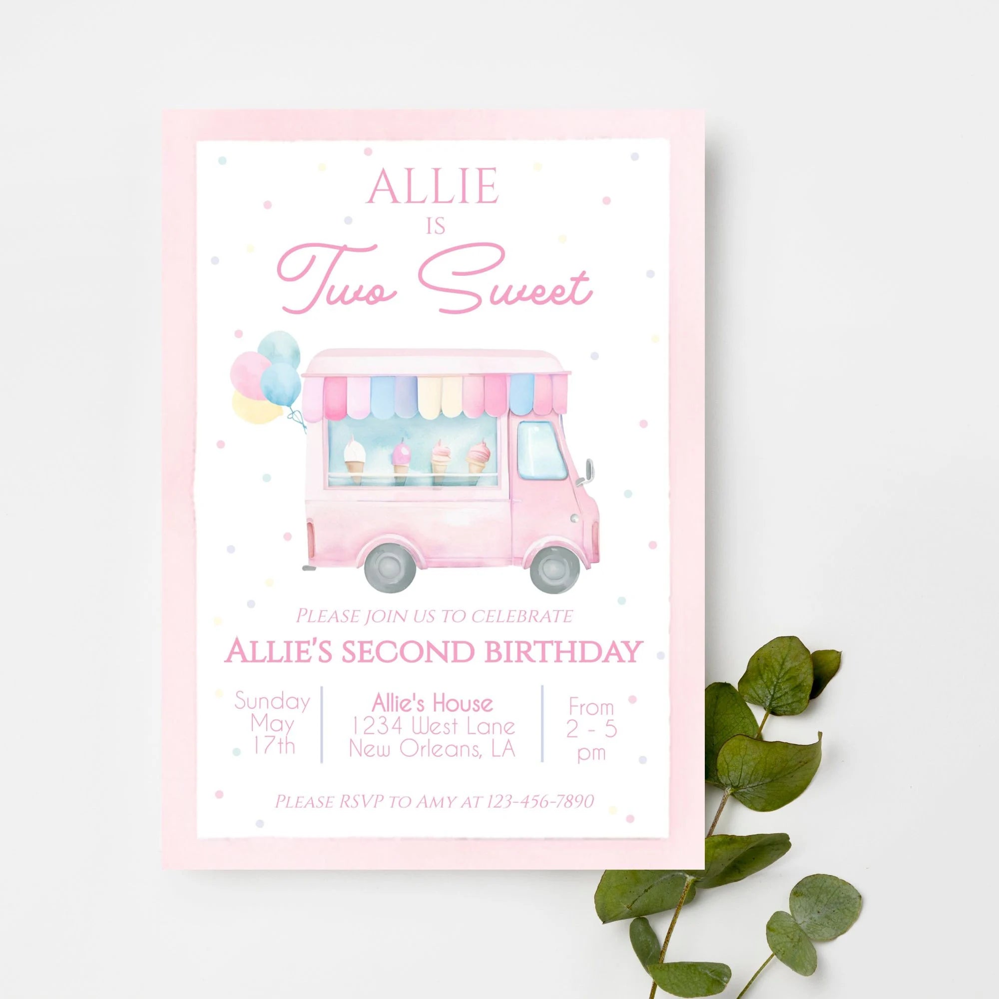 Birthday Invitation - Two Sweet Ice Cream Truck - Striped Stationary