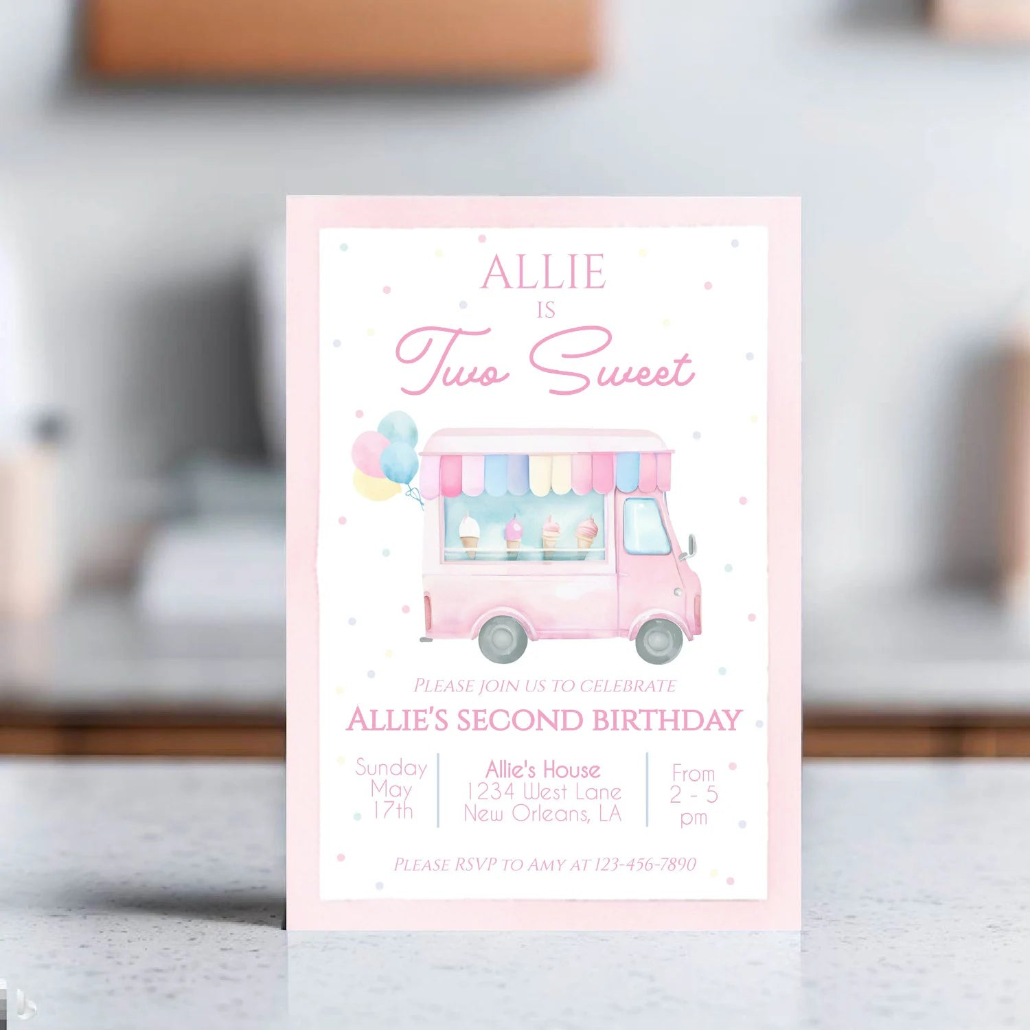 Birthday Invitation - Two Sweet Ice Cream Truck - Striped Stationary