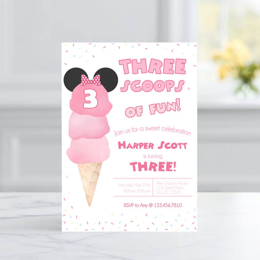 Customizable Birthday Invitation - Minnie Mouse Three Scoops of Fun - Third Birthday Party Theme